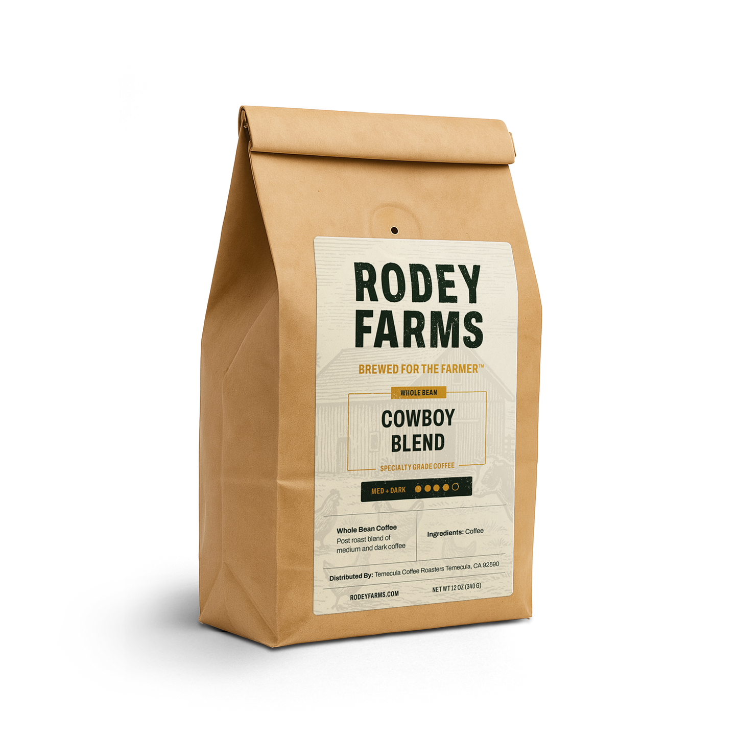 Rodey Farms Cowboy Blend coffee bag on a white background