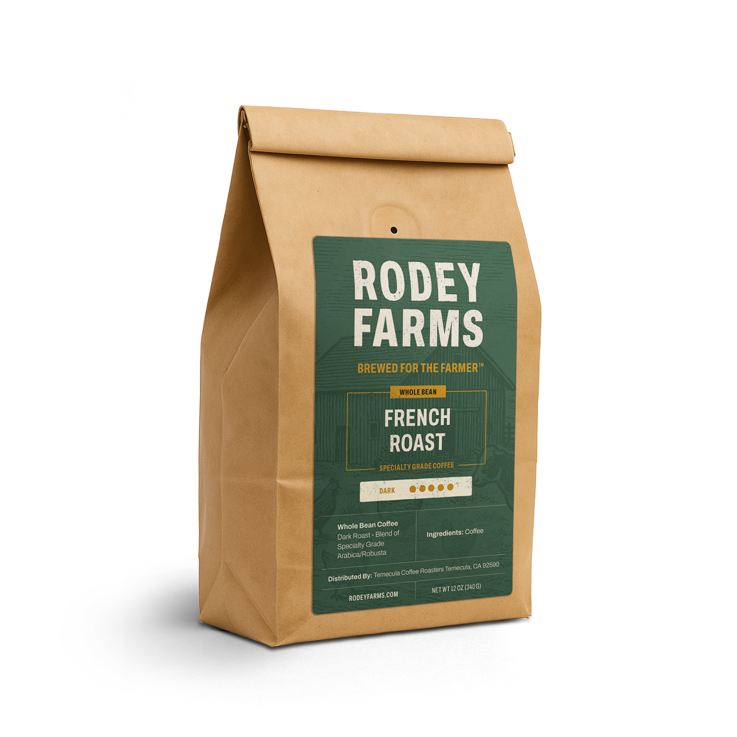 Rodey Farms French Roast coffee bag on a white background