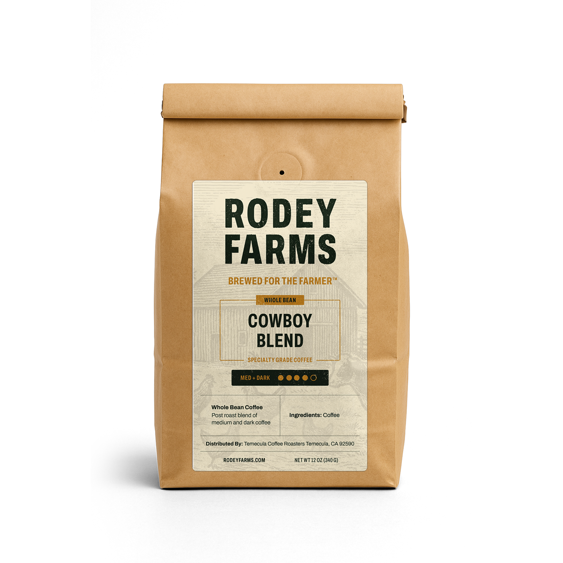 Rodey Farms Cowboy Blend coffee bag on a white background