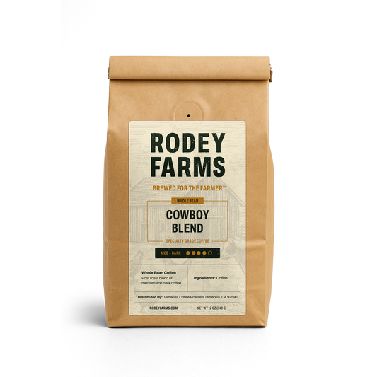 Rodey Farms Cowboy Blend coffee bag on a white background