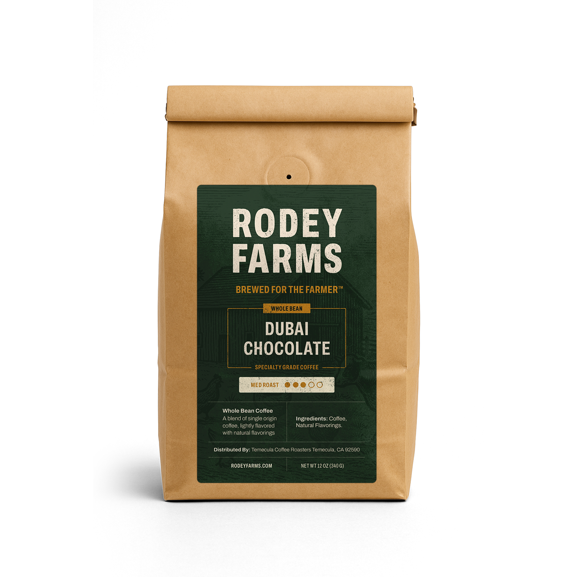 Rodey Farms Dubai Chocolate coffee bag on a white background