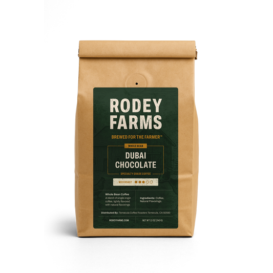 Rodey Farms Dubai Chocolate coffee bag on a white background