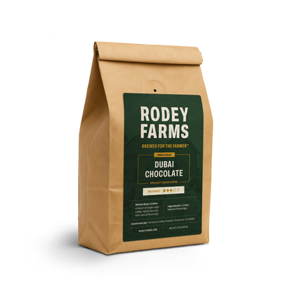 Rodey Farms Dubai Chocolate coffee bag on a white background