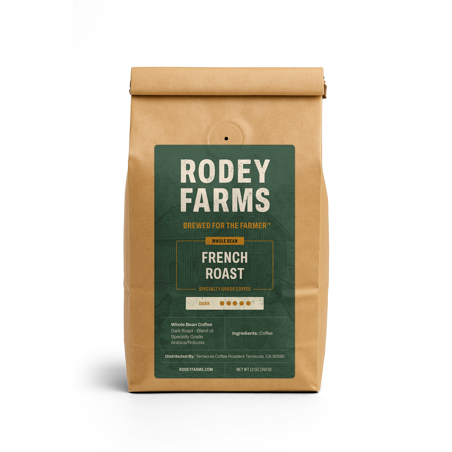 Rodey Farms French Roast coffee bag on a white background