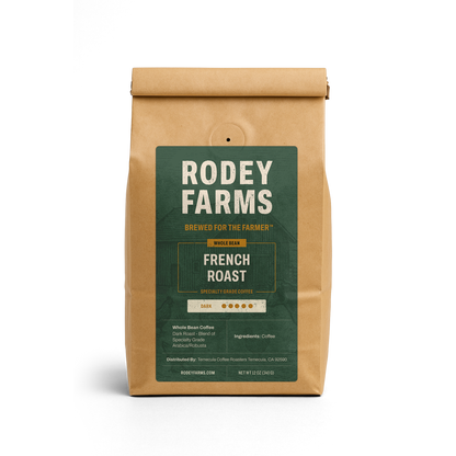 Rodey Farms French Roast coffee bag on a white background