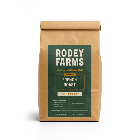 Rodey Farms French Roast coffee bag on a white background
