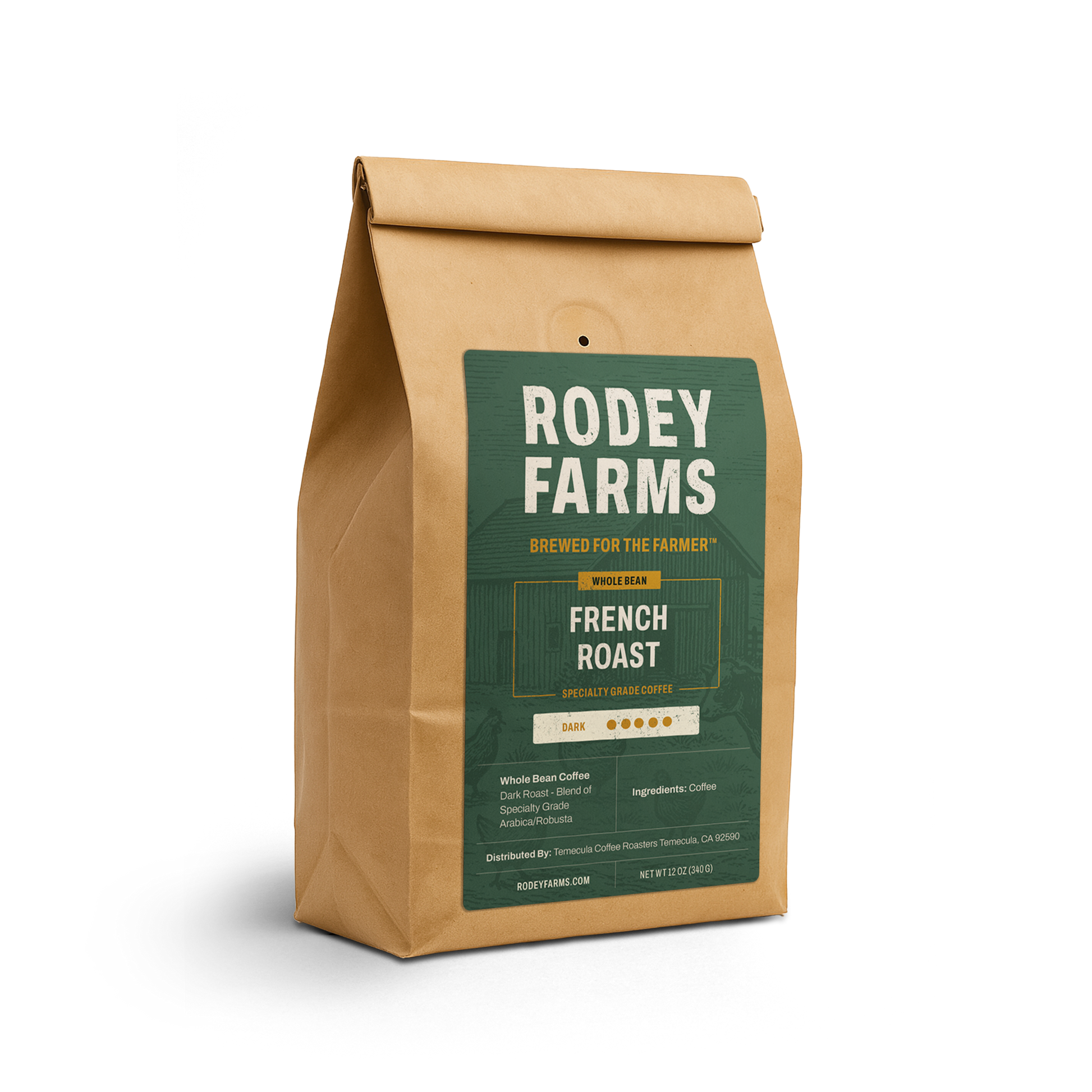 Rodey Farms French Roast coffee bag on a white background