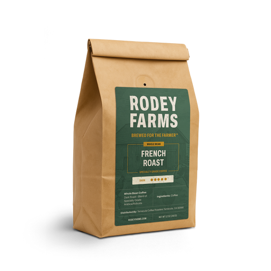 Rodey Farms French Roast coffee bag on a white background