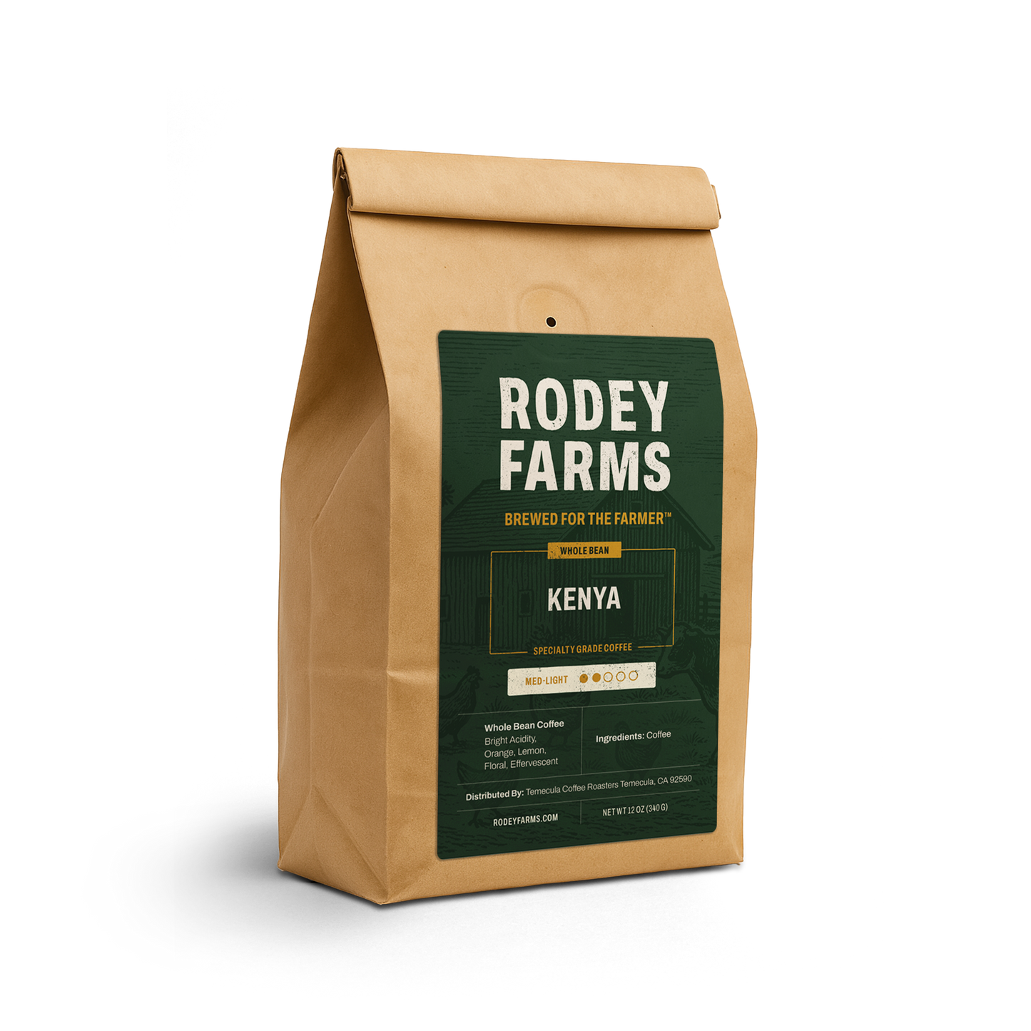Rodey Farms coffee bag with green label on a white background
