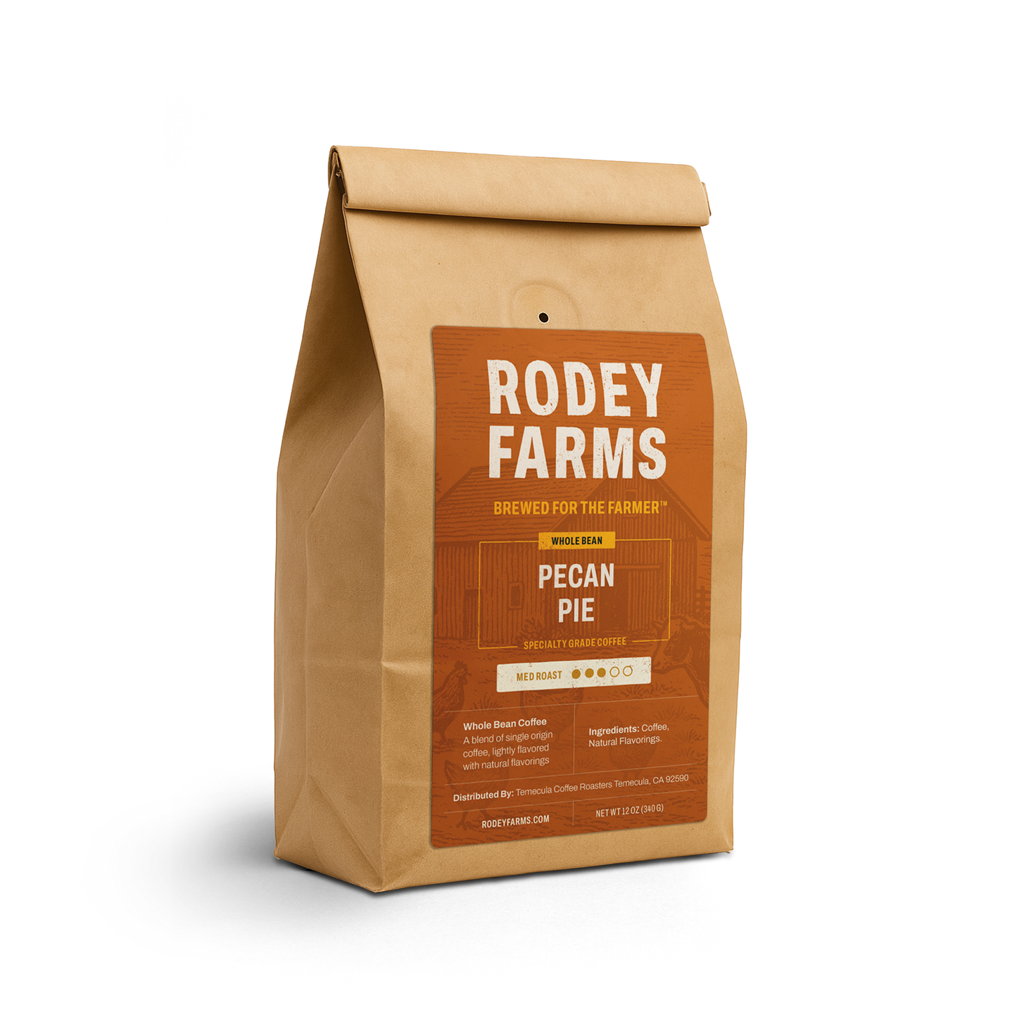 Brown paper bag of Rodey Farms pecan pie coffee on a white background