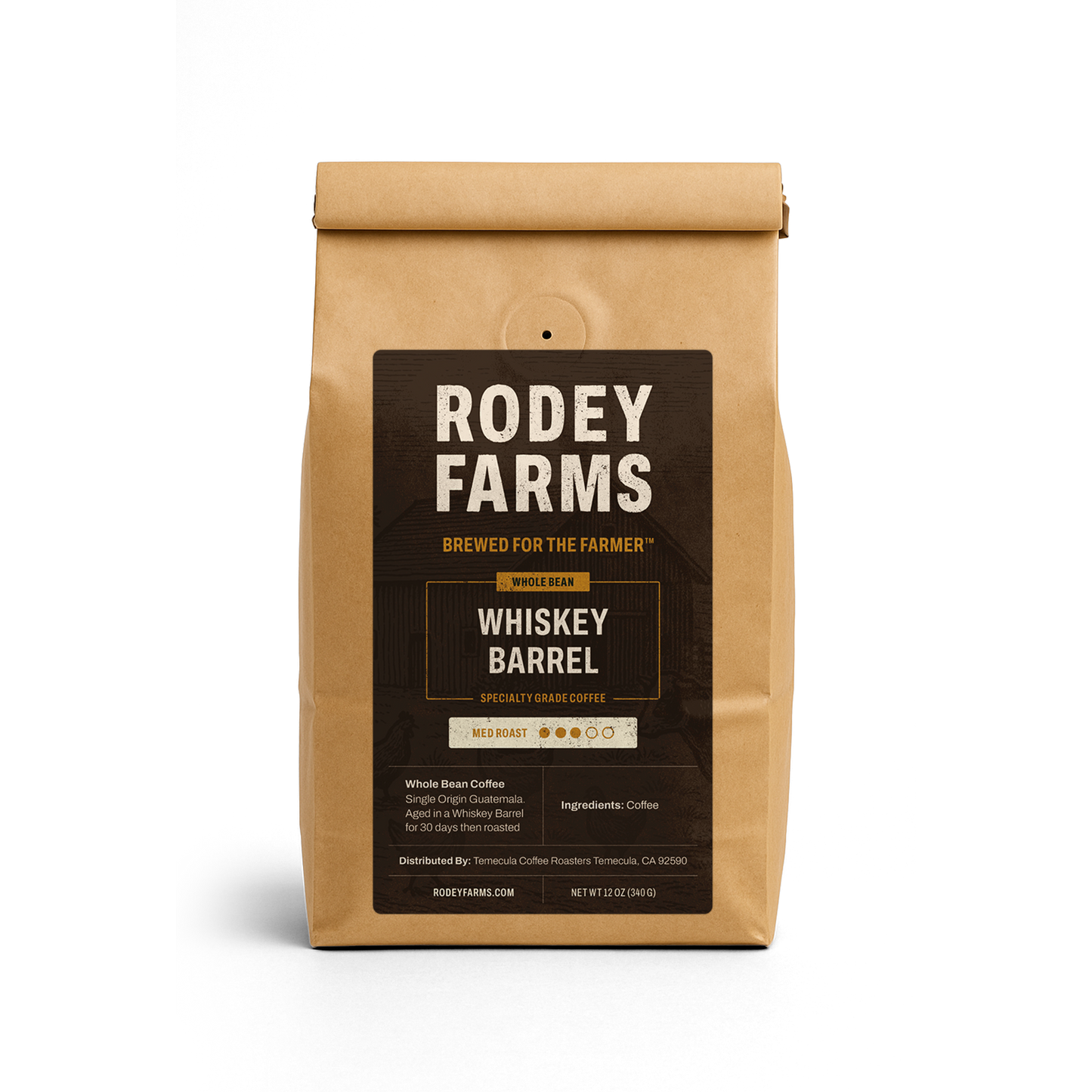 Rodey Farms Whiskey Barrel coffee bag on a white background