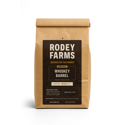 Rodey Farms Whiskey Barrel coffee bag on a white background