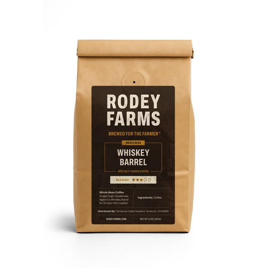 Rodey Farms Whiskey Barrel coffee bag on a white background