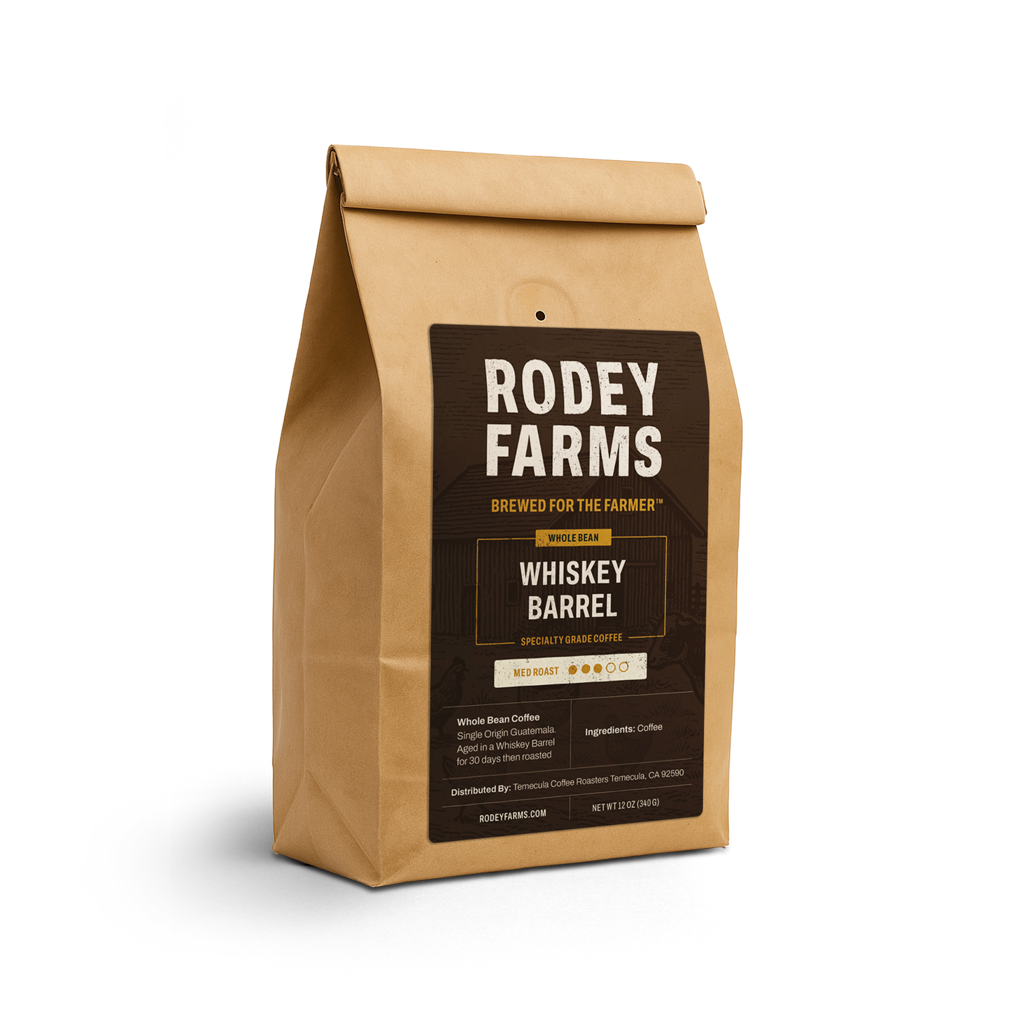 Rodey Farms Whiskey Barrel coffee bag on a white background