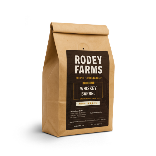 Rodey Farms Whiskey Barrel coffee bag on a white background